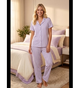 Night -Beyaz Çizgili Gömlek Yaka Pijama Takımı 4629- Kadın Kısa Kollu Düğmeli Uzun Alt Pijama Takımı