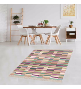 Renk Bloklu Geometrik Geçişli Dijital Baskı Yıkanabilir Kaymaz Taban Salon Halısı ve Yolluk (Pembe)