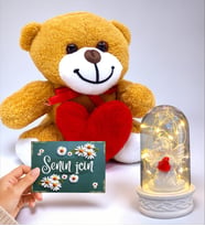 Muhteşem Hediye Seti Kalpli Sevimli Peluş Ayıcık, Senin İçin Kartı ve Led Işıklı Fanus (Model 3)