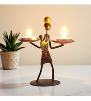 Retro Etnik Afrika Figürlü Çift Mumluk - Dekoratif Şamdan Tutucu (14 cm) (Siyah)