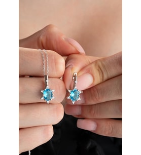 925 Ayar Gümüş Aquamarin Oval Taşlı Küpe Ve Kolye Set