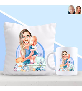 BK Gift Kişiye Özel Anne ve Erkek Bebek Karikatürlü Yastık ve Kupa Seti-1 (Model 1)
