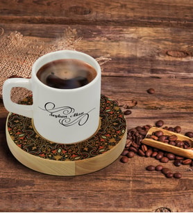 BK Gift Kişiye Özel Retro Motif Tasarımlı Doğal Ahşap Tabaklı Türk Kahvesi Fincanı Model 12