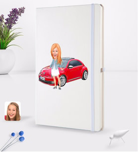BK Gift Kişiye Özel Plakalı Kadın Volkswagen Beetle Karikatürlü Beyaz Termo Deri Defter 16x24cm Model 1