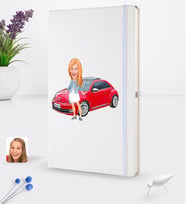 BK Gift Kişiye Özel Plakalı Kadın Volkswagen Beetle Karikatürlü Beyaz Termo Deri Defter 16x24cm Model 1