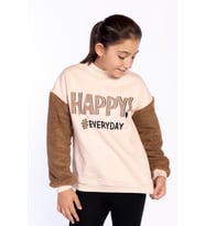 Toontoy Kız Çocuk Peluş Detaylı Baskılı Sweatshirt (Bej)