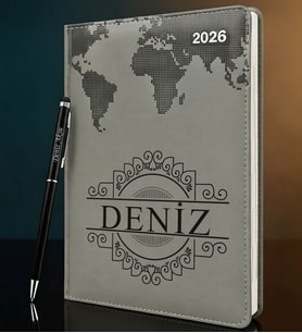 BK Gift Kişiye Özel İsimli Termo Sert Kapak 2026 Gri Ajanda & Kalem -12, Öğretmenler Günü Hediyesi, Yeni İş Hediyesi