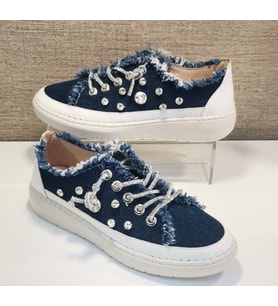 Aria 2408 Kadın Taşlı Kot Sneaker Ayakkabı (Lacivert)