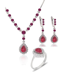 Yakut Taşlı Damla Model 925 Ayar Gümüş Kadın Üçlü Set 201025668