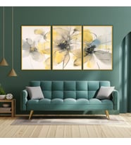 3'lü Metal Çerçeveli Cam Tablo Seti Çizgisel Pastel Sarı Çiçek (Gold)