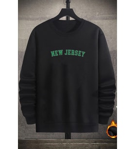 Unisex New Jersey Baskılı Bisiklet Yaka Sweatshirt (Siyah)