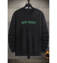 Unisex New Jersey Baskılı Bisiklet Yaka Sweatshirt (Siyah)