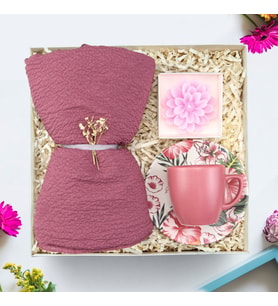 Pembe Renk Caz Şal & Lotus Mum & Pembe Türk Kahvesi Fincanı Hediye Seti