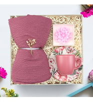 Pembe Renk Caz Şal & Lotus Mum & Pembe Türk Kahvesi Fincanı Hediye Seti