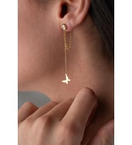 925 Ayar Gümüş Gold Kaplama 5 Mm Tektaş Sallantılı Zincir Taşsız Kelebek Küpe
