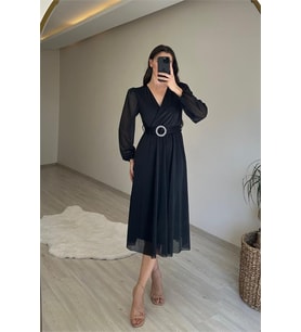 Neşeli butik kadın kruvaze yaka tokalı midi boy ışıltılı elbise NM009 (Siyah)