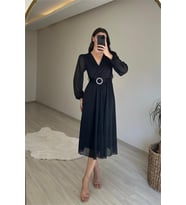 Neşeli butik kadın kruvaze yaka tokalı midi boy ışıltılı elbise NM009 (Siyah)