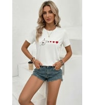Minimal Kalp İşaret Baskılı Tişört Kısa Kol Yazlık T-Shirt - Beyaz