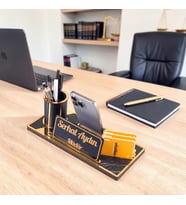 Lora Gold Renk Ahşap Masa Organizeri Mermer Desenli Hediye Ofis Dekoratif Masa üstü İsimlik