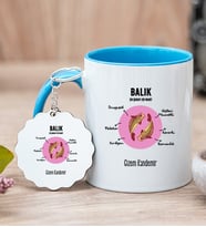 Kişiye Özel Balık Burcuna Hediye Mavi Kupa Bardak ve Anahtarlık