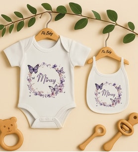 Pia Baby Premium %100 Pamuk İsme Özel Organik Baskılı Çıtçıtlı Bebek Body Ve Önlük 5090-20 (Ekru)