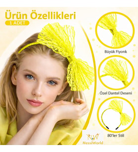 80’ler 90’lar Neon Sarı Dantel Taç Fiyonklu