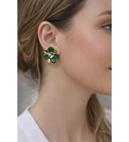 Yeşil & Gold Çiçek Figürlü Taşlı Küpe (Çelik) (Gold-Yeşil)