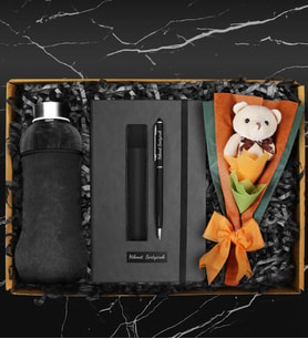 Öğretmenler Gününe Özel Kişiye Özel Defter & Matara & Tekli Peluş Ayıcık Buketi & Deri Kılıflı Touch Pen Kalem Hediye Seti