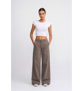 Kadın Yüksek Bel Taş Rengi Wide Leg Pantolon