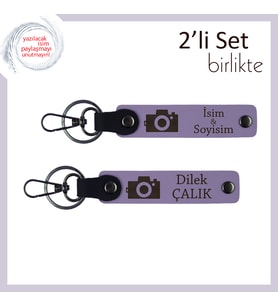 Fotoğraf Sevdalılarına Minimal Hediye, İsme Özel Kamera Anahtarlık Takımı, Mor Menekşe-Mor Menekşe