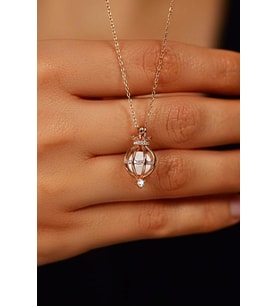 Zirkon Taşlı Rose İncili Kafes Gümüş Kolye