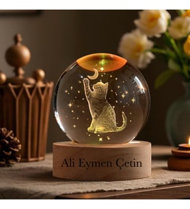 Kişiye Büyük Boy Işıklı Ahşap Kaideli Aya Uzanan Kedi Temalı Cam Küre 8cm