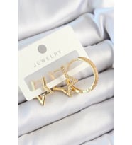 Pirinç Zirkon Taşlı Yıldız Ve Halka Model Gold Renk 3'lü Çift Kadın Küpe Set (Altın)