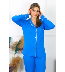 pilelistore- Kadın Pamuk Penye Önden Düğmeli Uzun Kol Saks Pijama Takım