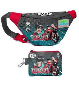 Coral High Erkek Çocuk Gri Nefti Anime Motorsiklet Desenli Bel Çantası ve Bozuk Para Cüzdanı Set