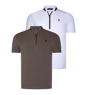 İKİLİ SET T8571 DEWBERRY FERMUARLI ERKEK T-SHIRT-BEYAZ-HAKİ (Karışık)