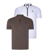 İKİLİ SET T8571 DEWBERRY FERMUARLI ERKEK T-SHIRT-BEYAZ-HAKİ (Karışık)