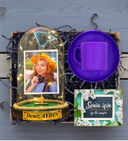 Kişiye Özel Led Işıklı Fanus ve Renkli 100ml Türk Kahvesi Fincanı Hediye Seti DN1 (Model 4)