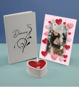 BK Gift Kişiye Özel İsimli Beyaz Defter Dekoratif Çerçeve ve Kalp Taş Obje Kokulu Mum Hediye Seti-6, Sevgiliye Hediye, Arkadaşa Hediye