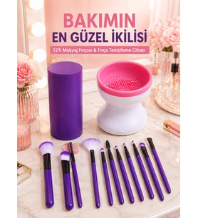 Avantajlı İkili Set 12’li Mor Makyaj Fırçası ve Elektrikli Makyaj Fırçası Yıkama Temizleme Cihazı