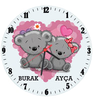 Biresimden Sevgili Ayıcıklar İsimli Cam Duvar Saati - Sevgililer Günü Hediyesi (29 cm)