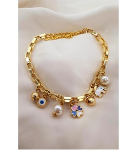 LİLA YONCA FİL NAZAR İNCİ CHARM BİLEKLİK HALHAL GOLD