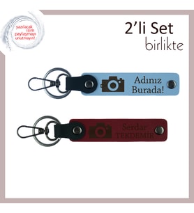 Erkek Kardeşe Minimalist Fotoğraf Temalı Deri Anahtarlık Takımı, Gök Mavi-Bordo