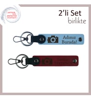 Erkek Kardeşe Minimalist Fotoğraf Temalı Deri Anahtarlık Takımı, Gök Mavi-Bordo