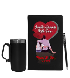 Sevgililer Gününe Özel Siyah Defter Kalem & Termos Mug Hediye Seti 1