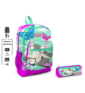 Coral High Sevimli Kedi ve Kelebek İlkokul Sırt Çantası ve Kalemlik Seti - Kız Çocuk - USB Soketli
