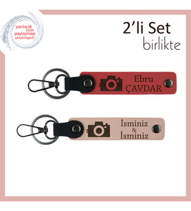 Anı Biriktiren Fotoğrafçılara, Kamera Motifli, Kişiye Özel 2’li Deri Anahtarlık, Nar-Yavru Ağzı