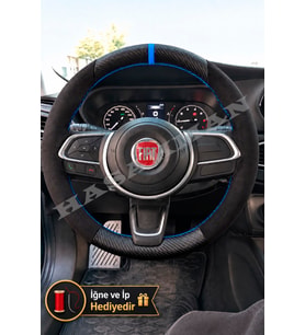 Fiat Egea Makyajlı Dikme Direksiyon Kılıfı Alcantara Süet Mat Karbon Mavi Yüzük ve Dikiş 2021-2026
