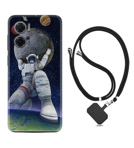 Xiaomi Redmi Note 11E Kılıf Silikon Boyun Askılı İpli Desenli Silikon Astronot ve Dünya 1759