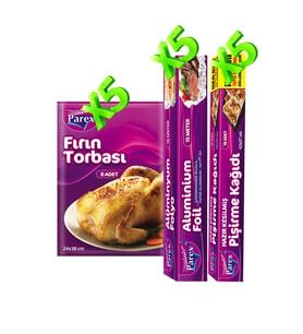 Kesilmiş Pişirme Kağıdı, Fırın Torbası ve Alüminyum Folyo 5'er Paket Set